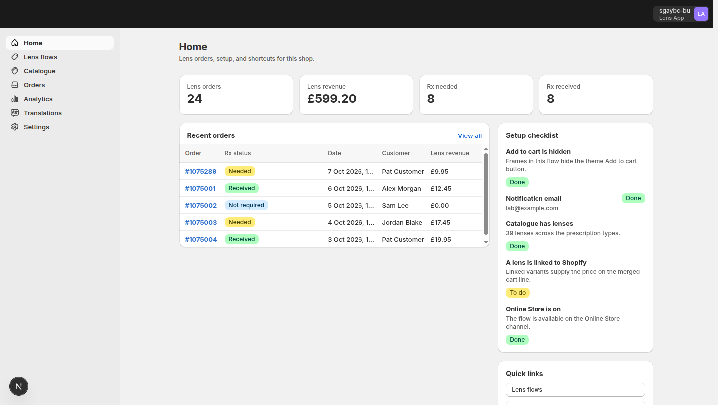 Lens App dashboard